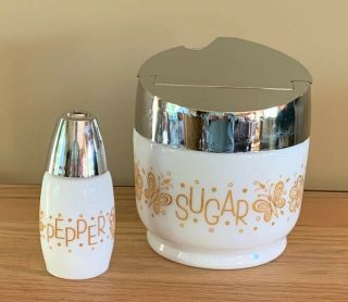 Vintage Corelle Gemco Gold Butterfly Sugar Bowl & Pepper Shaker