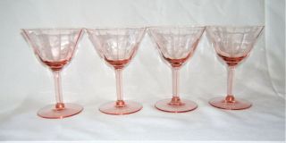 4 Vintage Pink Depression Glass Tall Sherbet Champagne Goblets Etched & Optic