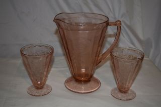 Pink Depression Glass Floral / Poinsettia Pitcher & 2 Lemonade Tumblers Great