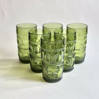 6 Vintage Indiana Colony Glass Olive Green Kings Crown Tumblers Highballs As - Is