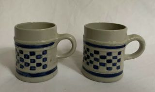 2 Williamsburg Approved Souvenir Pub Mugs Stoneware Pottery Cobalt Check 3 1/4”