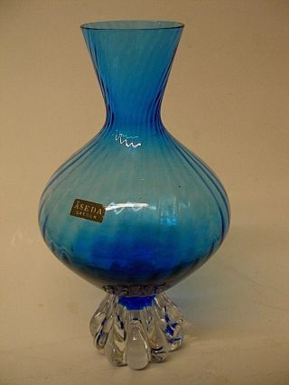 Antique Aseda Swedish Art Glass Vase Swirl Blue Design & Clear Base Sweden