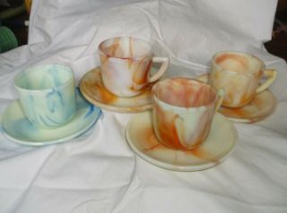 Vintage Akro Agate Slag Glass Cups And Saucers,  Tea Cups,  Children 