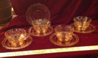 Vintage Federal Normandy Pink Depression Glass Set Of 4 Cups & Saucers Lattice