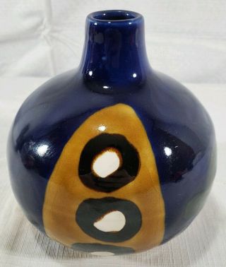 Asian Blue And Mustard Glaze Mini Stoneware Vintage Bud Vase