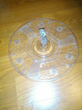 Fleur De Lis Handled Clear Depression Glass Cake Plate With Etched Flowers