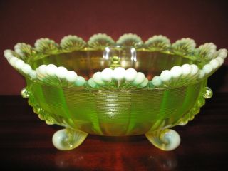 Vaseline Uranium Opalescent Glass Serving Candy Fruit Bowl Pattern Yellow Green