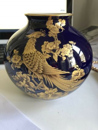 Kaiser West Germany Vase Cobalt Blue Symphonie Peacock Gold Porcelain 5 1/4”