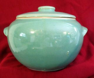 Vintage Monmouth? Pottery Stoneware Cookie Jar/bean Pot Aqua Green Usa