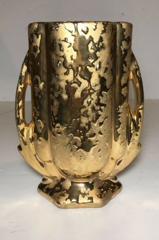 Vintage Mccoy Pottery 24k Gold Double Handle Bud Vase Art Deco 5 1/2”