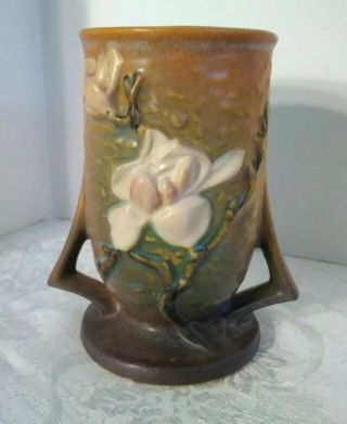 Vintage Roseville 87 - 6 Magnolia Vase With Two Handles In Brown