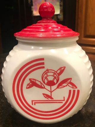 Vintage Art Deco Red White Kitchen Grease Jar W/ Lid Vitrock Milk Glass Canister