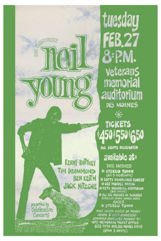 Neil Young At Veterans Memorial Auditorium Concert Poster 1973 12x18
