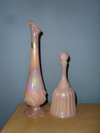 Set Of 2 Vtg Fenton Art Glass Bud Vase And Bell Iridescent Pink Signed Label