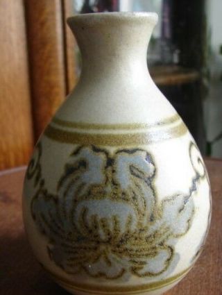 Arts & Crafts Pottery Bud Vase Incised Blue Flower & Leaf Banded Matte Glaze