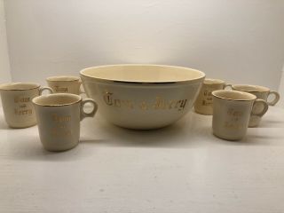 Vintage Ivory Tom And Jerry Punch Bowl Set With 6 Cups Made In Usa