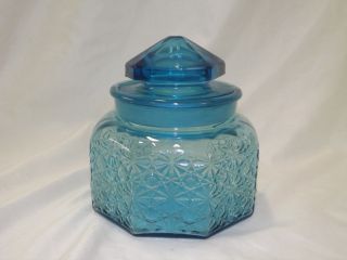 Le Smith Blue Apothecary Jar Glass Canister Daisy Button Octagonal 8 Sided