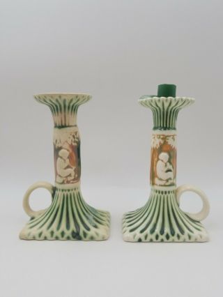 Vintage Antique Roseville Pottery Donatello Cherubs Candlestick Set 6 1/8 " Tall