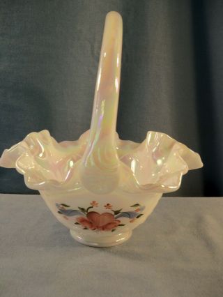 Fenton White Carnival Glass Hand Painted Basket - Pink Heart & Roses