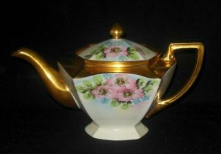 Hand Painted Six Sided Teapot Wild Pink Roses Blue Forget Me Knots 1920