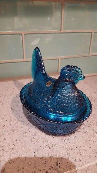 Vintage Westmoreland Glass Hen On Nest Candy Dish Blue In Color 5 1/2 "