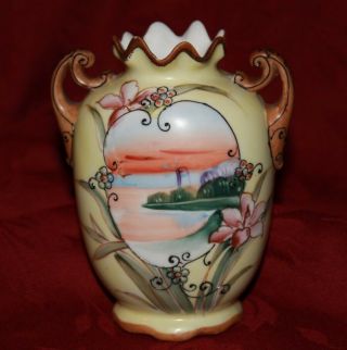 Antique C1911 Nippon Morimura Bros Beaded Moriage Floral Handled Porcelain Vase