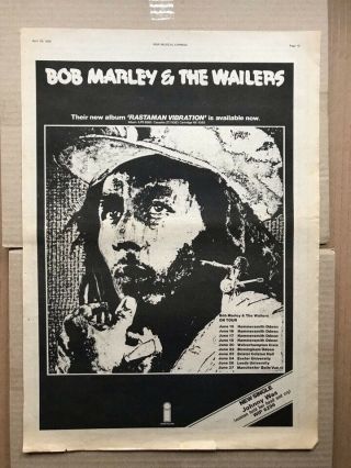 Bob Marley Rastaman Vibration Poster Sized Music Press Advert From 1976