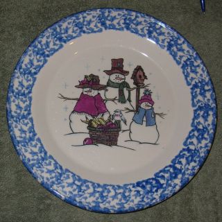 Henn Pottery Snowmen Family Plate Blue Spongeware