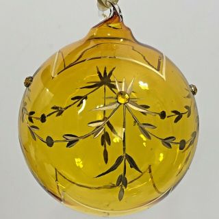 Blown Art Glass Orb Globe Ornament Yellow Gold Hand Painted Rhinestone
