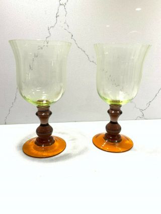 2 Water Wine Goblets Glasses Amber Green 7 1/2 " 12 Oz