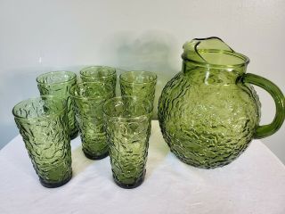 Vintage Anchor Hocking Lido 7 Piece Green Glass & Pitcher Set With Box