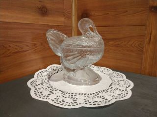 Vintage L.  E.  Smith Clear Glass Covered Turkey Candy Dish With Lid