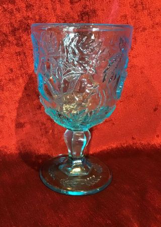 Madonna Inn Fenton Blue Aqua Turqouise Glass 6 1/2” Goblet Leaf Pattern
