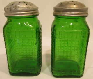 Vintage Owens Kitchen Salt & Pepper Shakers Green Glass Waffle Pattern