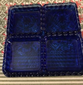 Rare Cobalt Blue Depression Glass Tray With 4 Insert Square Dishes Set