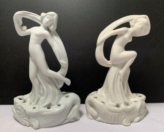 Vintage Flower Frog Porcelain Germany Pair Nude Nymph Art Deco 4.  25 " Tall