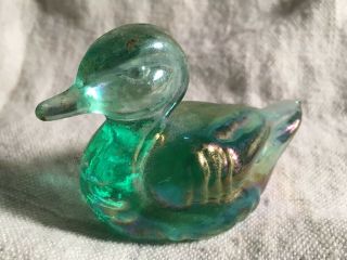Fenton Art Glass Miniature Green Iridescent Duck Figurine