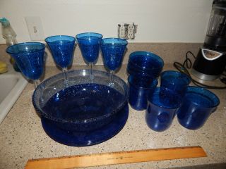 17 Pc Plastic Acrylic Bubble Blue Set - Wine Stemmed Glass Serving Bowl Plates
