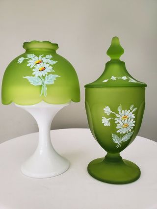 Westmoreland Daisy Green Satin Glass Covered Jar And Fairy Lamp Milk Glass Base