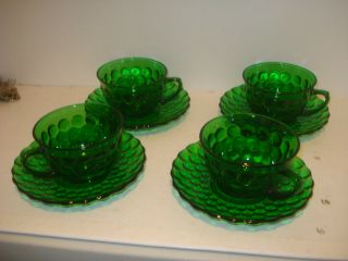 Vintage Forest Green Bubble 4 Cups And Saucers - Fire - King 1941 - 68