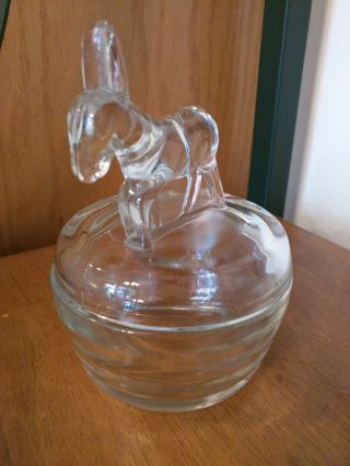 Vintage Jeannette Glass Donkey Figure Powder or Candy Jar Dish Clear Glass 4