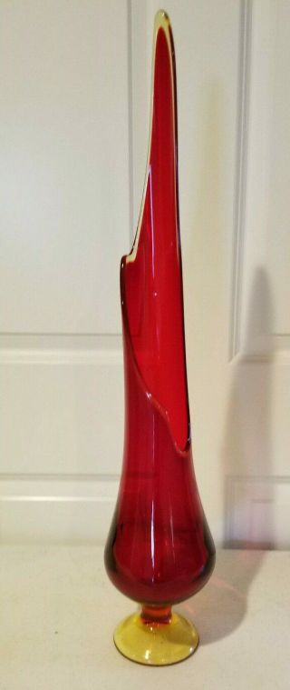 Vintage Large Ruby Red Hand - Blown Swung Amberina Swung Glass Vase 26.  5 "