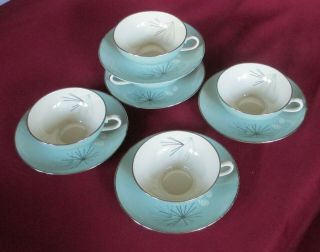 Mid - Century Atomic Franciscan Silver Pine Set Of 5 Flat Cups & Saucers,  Ex Cond.