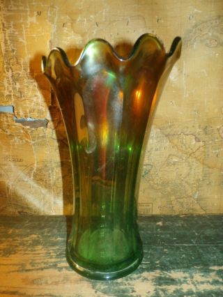 Vintage Antique Northwood Carnival Glass Large 12 " Vase Green W/ Scalloped Rim