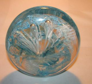 1994 Signed Art Glass Paperweight Blue Control Bubbles
