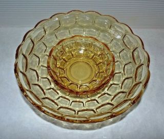 Mid Century Modern Vintage Gold Glass Thumbprint Chip Dip Bowl Serving Set