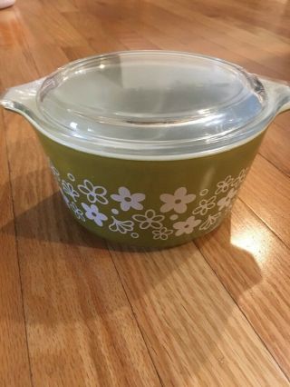 Vintage Pyrex 473 Spring Blossom Green Crazy Daisy 1qt.  Bowl With Glass Lid