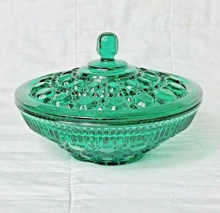 Vintage Indiana Glass Round Emerald Green Covered Candy Bowl Dish Diamond Pattrn