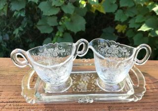 Heisey Elegant Glass Clear Etched Crystal Floral Creamer & Sugar Bowl With Tray