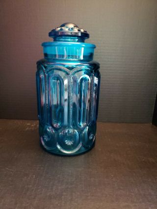 L E Smith Turquoise Blue Moon And Stars Canister Large With Lid.